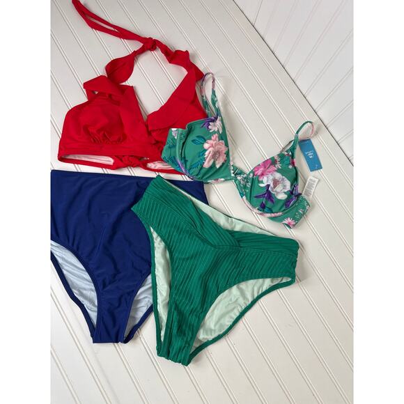 NWT Cupshe Swimsuit - Red Halter Floral Underwired Top & Bottom Bundle Sz L - Picture 1 of 5